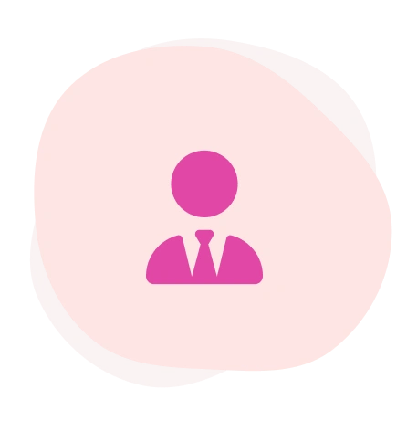 Pink icon of a person wearing a suit and tie, set against a light pink circular background.