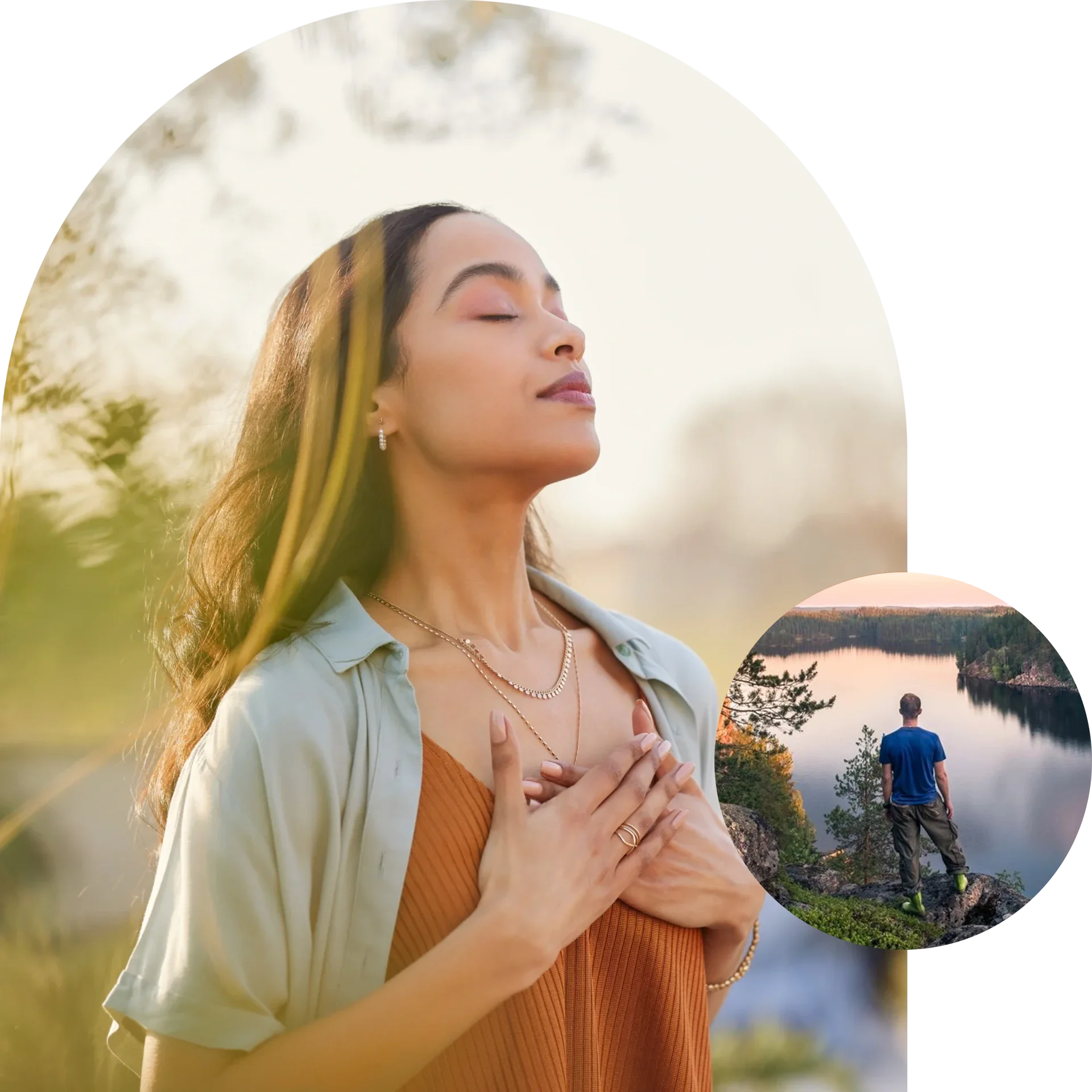 A woman is holding her hands in prayer.