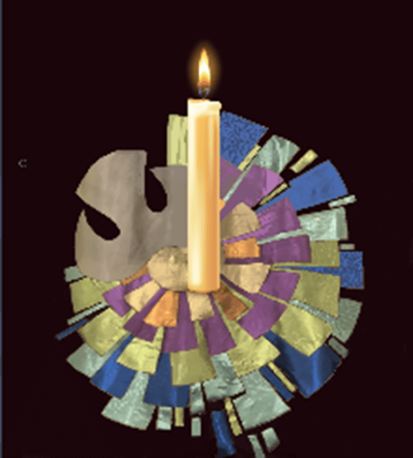 A candle is lit on the center of a circular mosaic.