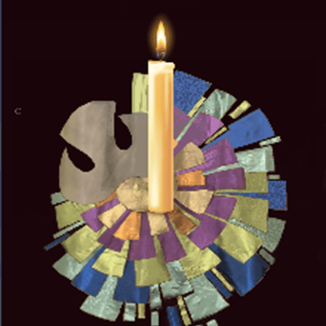 A candle is lit on the center of a circular mosaic.