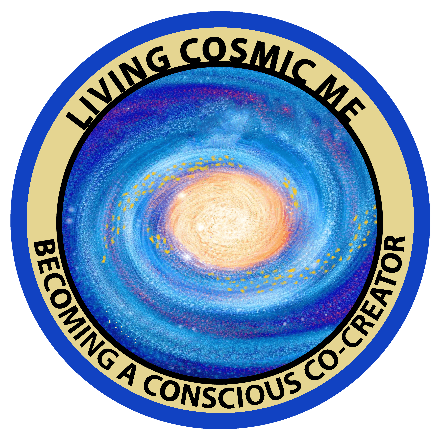 A blue and yellow logo with the words living cosmic me.